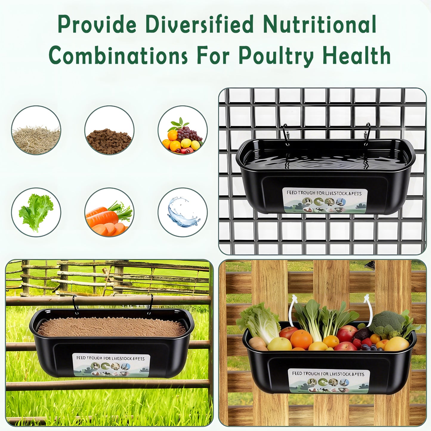 Zalalova 3 Pack Duck Chicken Feeder,Hanging Fence Feed Trough,Goose Turkey Water Trough with Clips,Livestock Feeding Container,Poultry Bucket,8 Quarts in Total Black