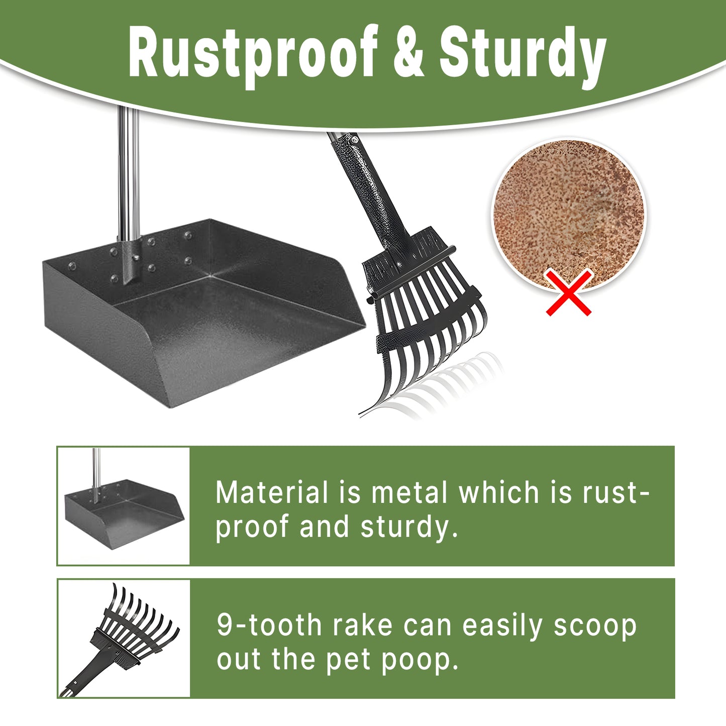 Larger Pooper Scooper for Large Dogs, Dog Pooper Scooper for Large Medium Small Dogs Long Handle Stainless Metal Tray and Rake Set Heavy Duty