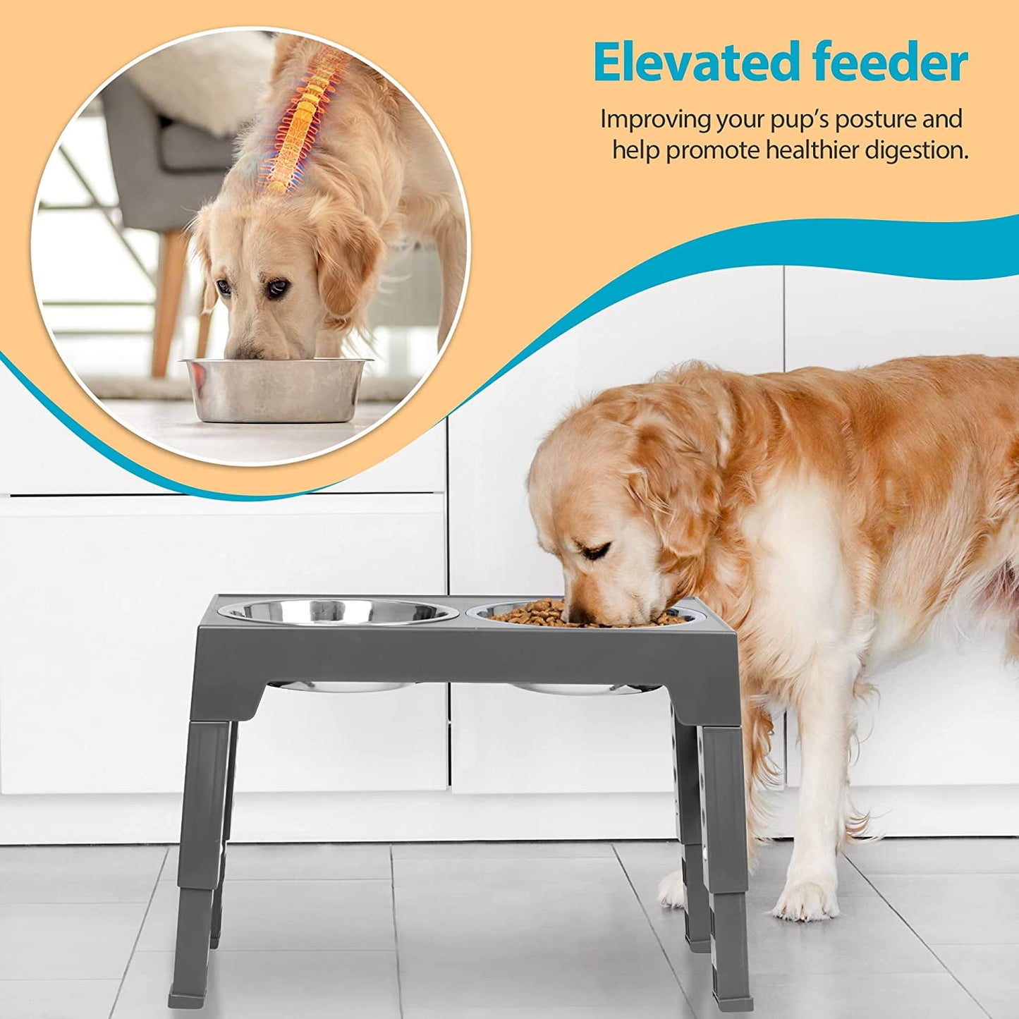 ZALALOVA Elevated Dog Bowls Stand with 2 Stainless Steel Dishes, Raised Dog Bowl Adjusts to 5 Heights (3.15", 8.9", 10",11.2", 12.4") for Medium and Large Dogs（Gray）