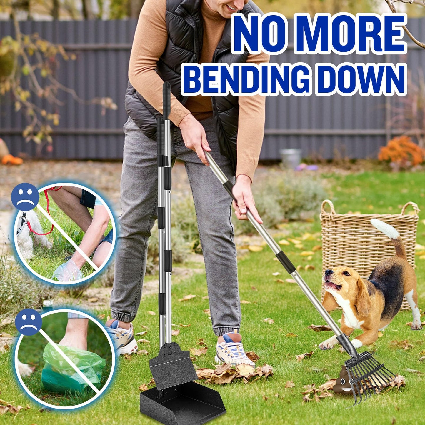 ZALALOVA 3 Pack Steel Stainless Dog Pooper Scooper Set, 37.8" Adjustable Handle Poop Scooper with Tray,Rake and Spade, No Bending Clean up for Medium and Large Dog