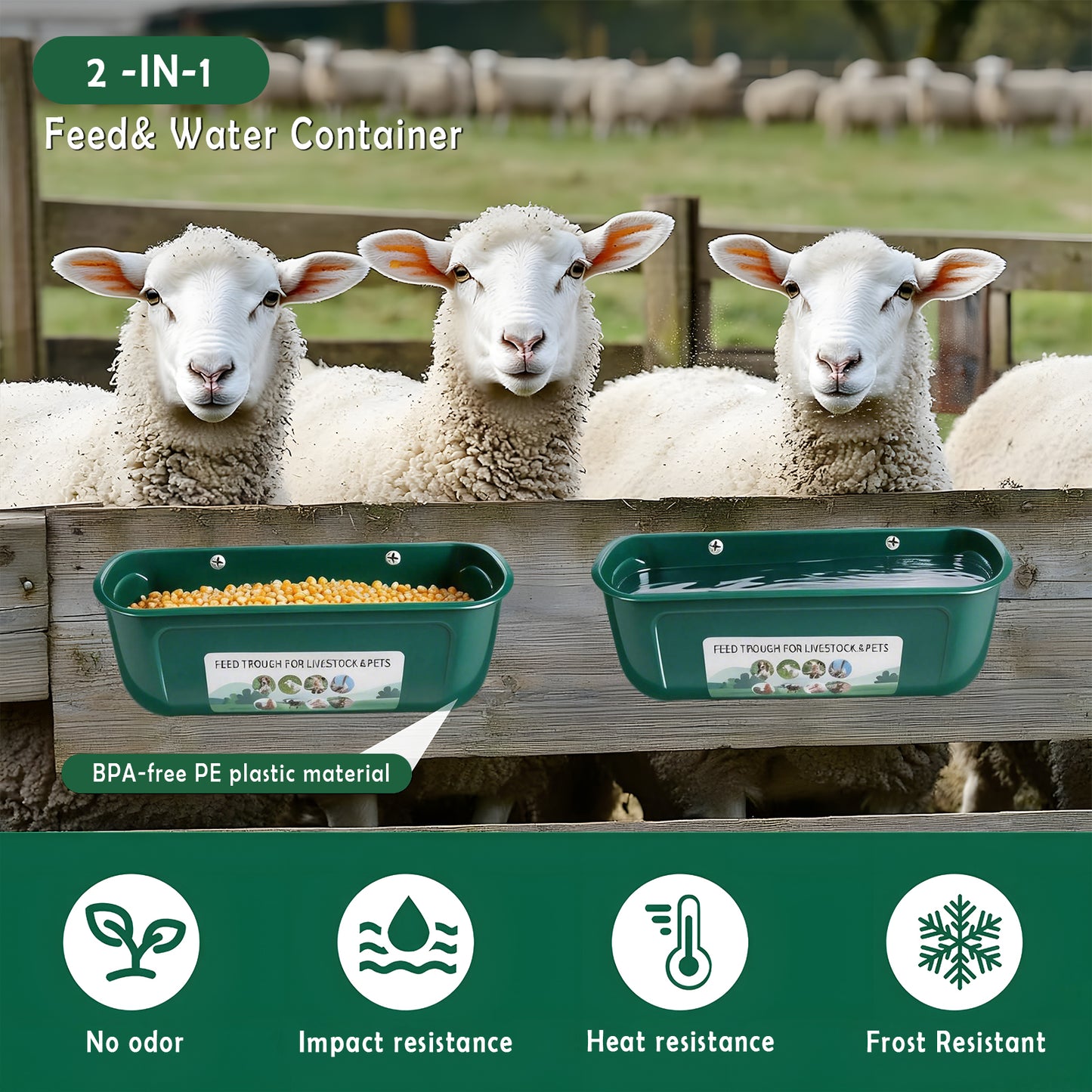 Zalalova 2 Pack Duck Chicken Feeder,Hanging Fence Feed Trough,Goose Turkey Water Trough with Clips,Livestock Feeding Container,Poultry Bucket,5 Quarts in Total Green