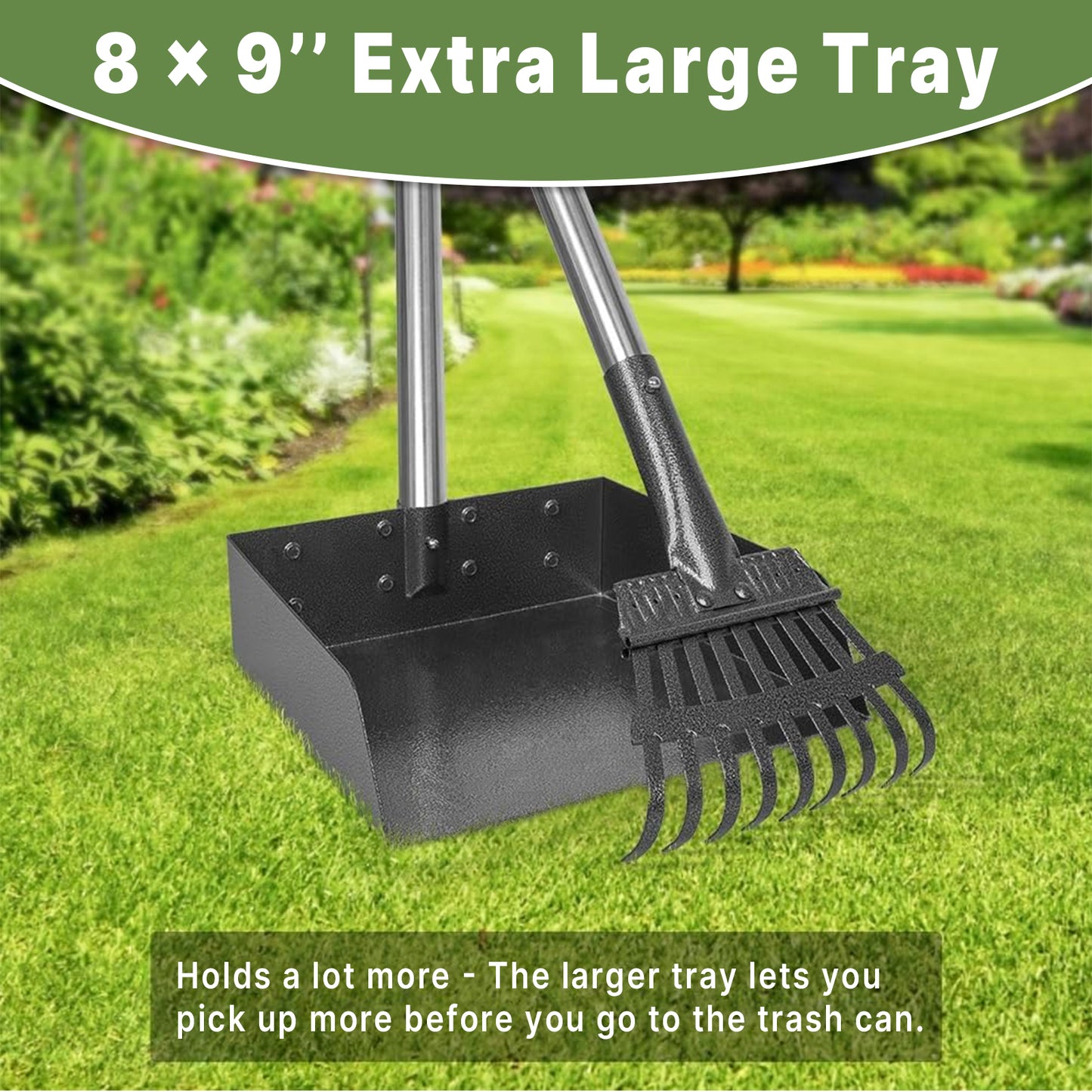 Larger Pooper Scooper for Large Dogs, Dog Pooper Scooper for Large Medium Small Dogs Long Handle Stainless Metal Tray and Rake Set Heavy Duty