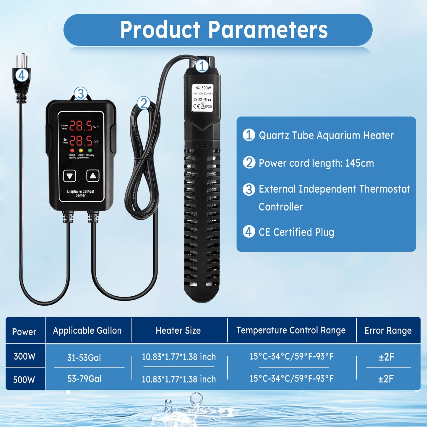 ZALALOVA Aquarium Heater, 500W Fish Tank Heater with LED Digital Display with Over-Temperature Protection, Submersible Aquarium Heater with 2 Suction Cup for Saltwater and Freshwater
