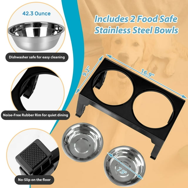 ZALALOVA Elevated Dog Bowls Stand with 2 Stainless Steel Dishes, Raised Dog Bowl Adjusts to 5 Heights (3.15", 8.9", 10",11.2", 12.4") for Medium and Large Dogs（Black）