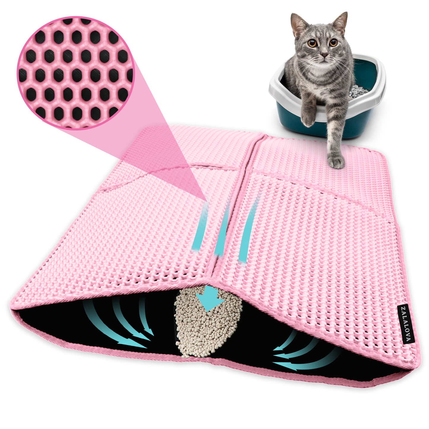 ZALALOVA Cat Litter Mat Kitty Litter Mat for Litter Box, 30 x 22 inch Four-fold Honeycomb Easy to Clean, Non-Slip, Waterproof Cat Mat Large (Pink)