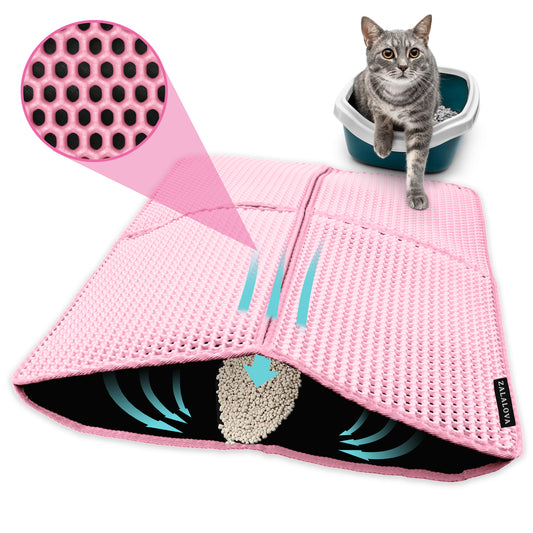 ZALALOVA Cat Litter Mat Kitty Litter Mat for Litter Box, 30 x 22 inch Four-fold Honeycomb Easy to Clean, Non-Slip, Waterproof Cat Mat Large (Pink)