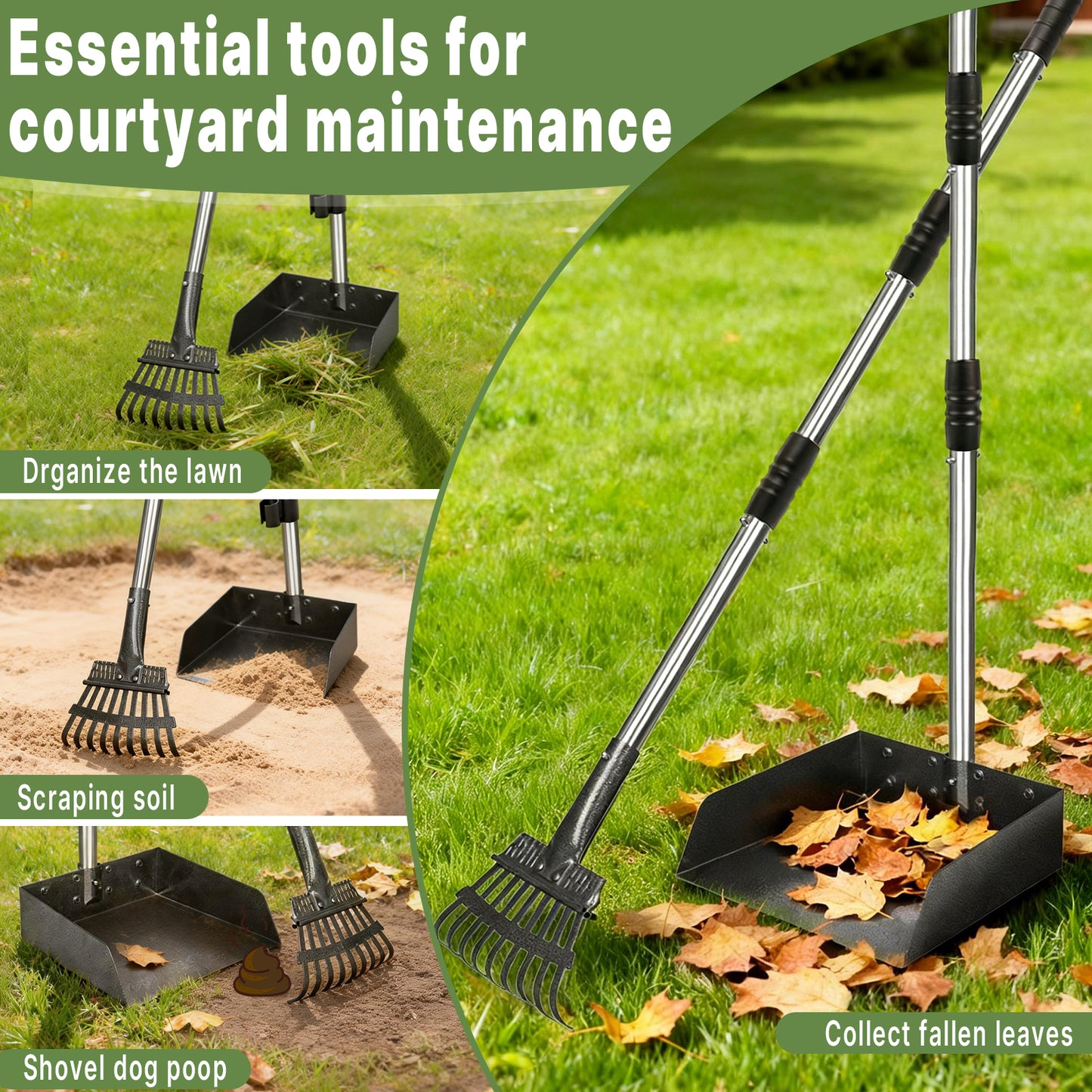 Larger Pooper Scooper for Large Dogs, Dog Pooper Scooper for Large Medium Small Dogs Long Handle Stainless Metal Tray and Rake Set Heavy Duty