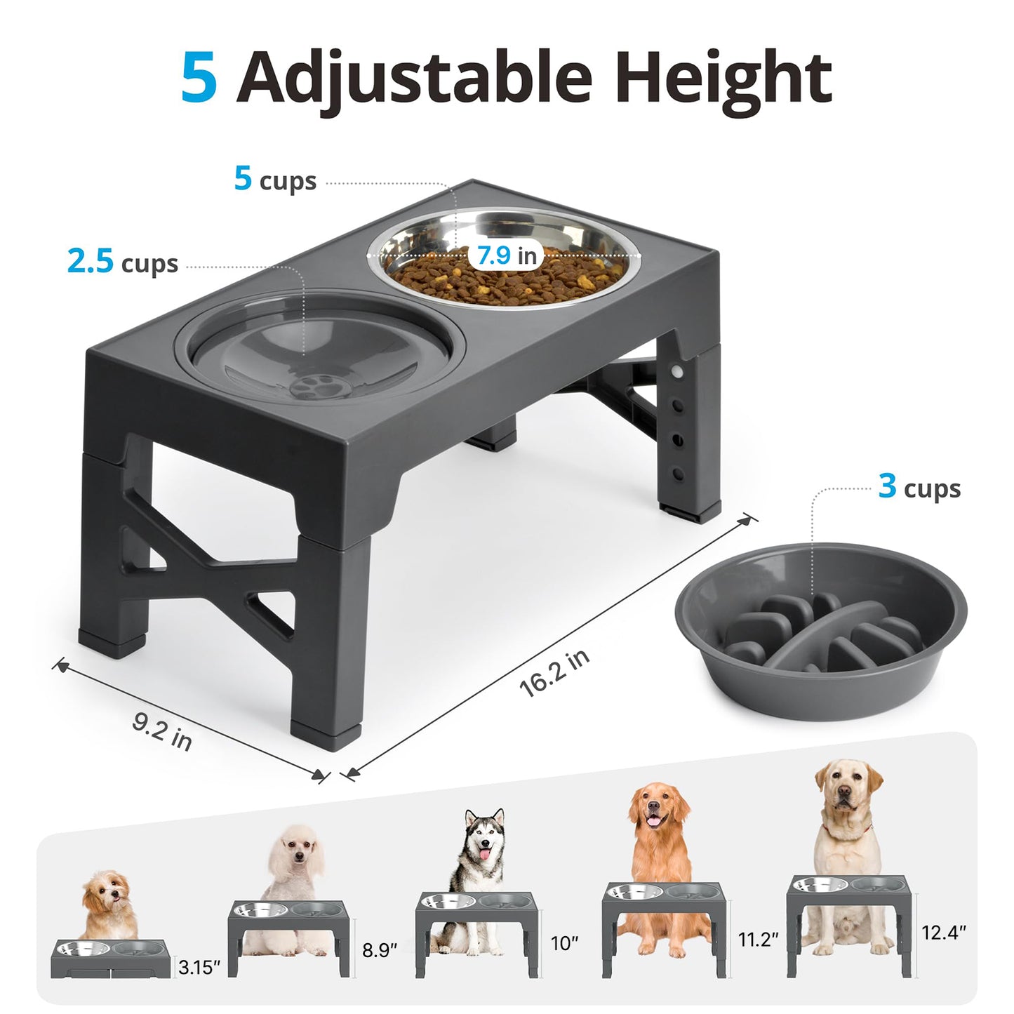 ZALALOVA Elevated Dog Bowls,Slow Feeder Bowls with No Spill Water Bowl, Non-Slip Food and Water Bowls with Stand for Medium and Large Dogs(Gray)