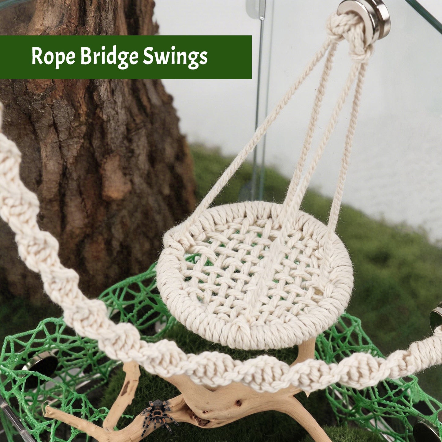 ZALALOVA 7 Pcs Jumping Spider Hide Accessories Set, Spiders Hideout Climbing Platform, Natural Cotton Rope Bridge Swings with Magnets for Small Reptile Enclosure Decorations