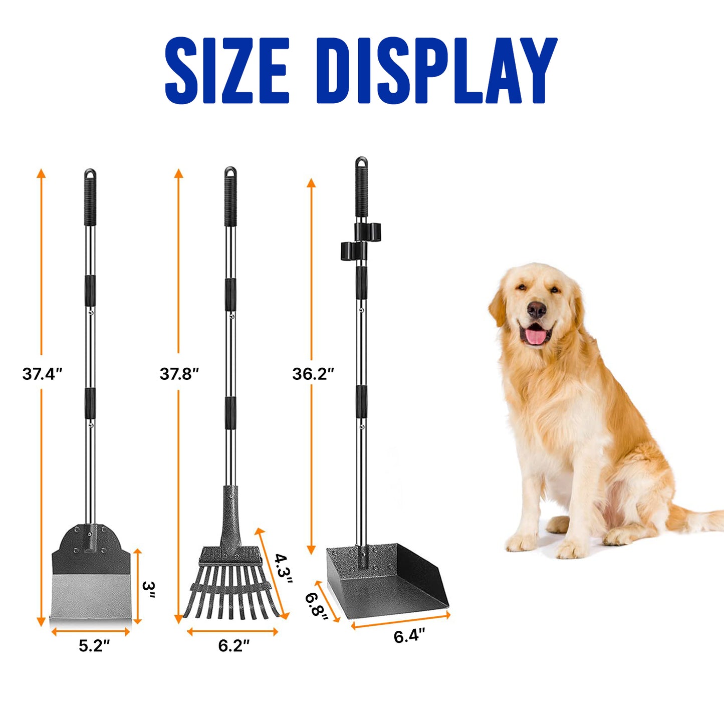 ZALALOVA 3 Pack Steel Stainless Dog Pooper Scooper Set, 37.8" Adjustable Handle Poop Scooper with Tray,Rake and Spade, No Bending Clean up for Medium and Large Dog
