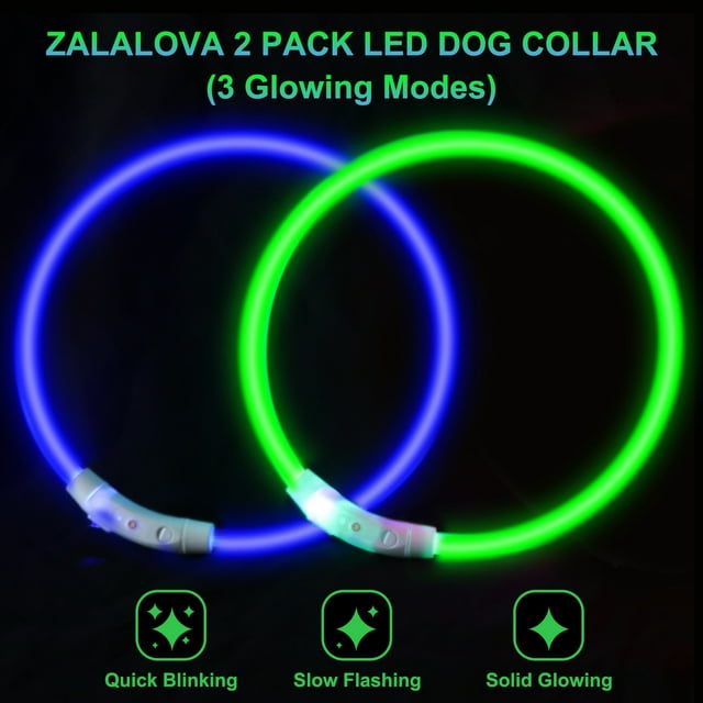 ZALALOVA 2 Pack LED Dog Collar Light up Dog Collars USB Rechargeable TPU Glow Safety Basic Dog Collars for Large Medium Small Dogs (Blue&Green)