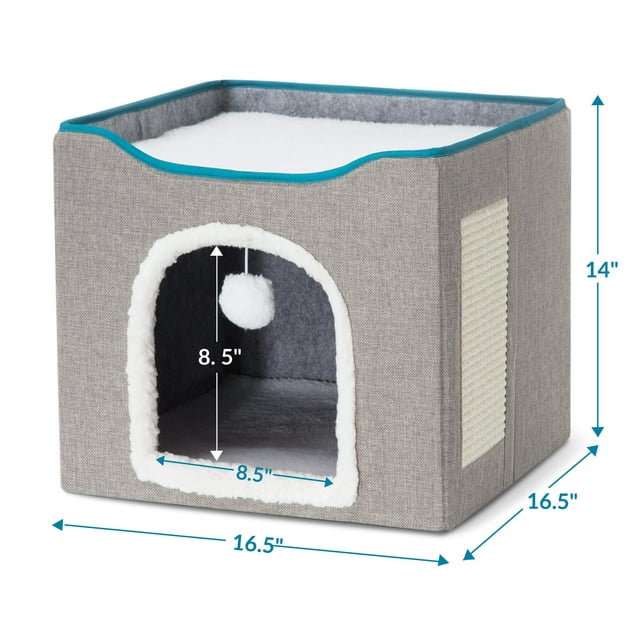 ZALALOVA Cat House for Indoor Cats, Foldable Cat Cube, Enclosed Cat Bed with Scratching Board and Dangling Toy Ball,16.5x16.5x14.5 inches(Gray)