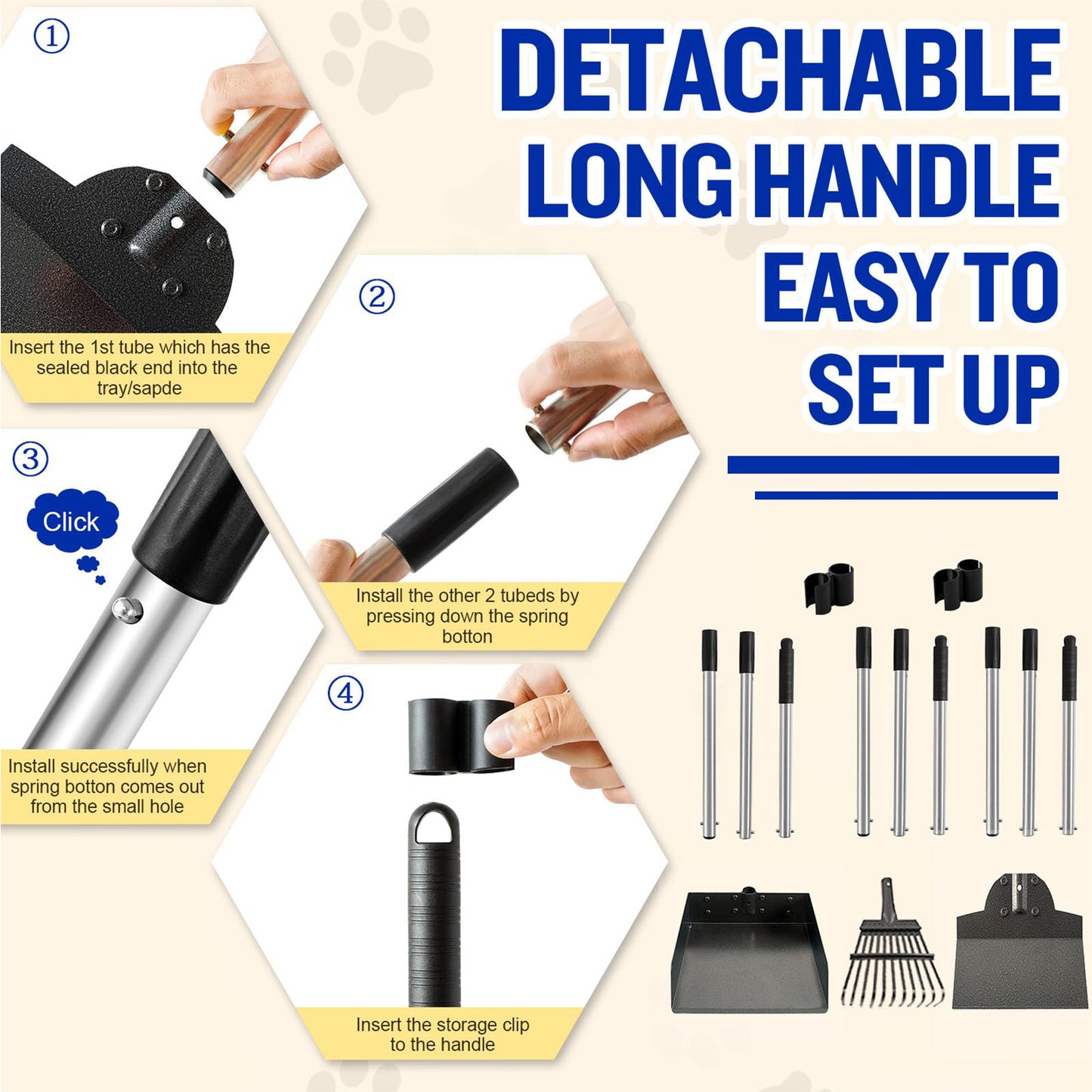 ZALALOVA 3 Pack Steel Stainless Dog Pooper Scooper Set, 37.8" Adjustable Handle Poop Scooper with Tray,Rake and Spade, No Bending Clean up for Medium and Large Dog