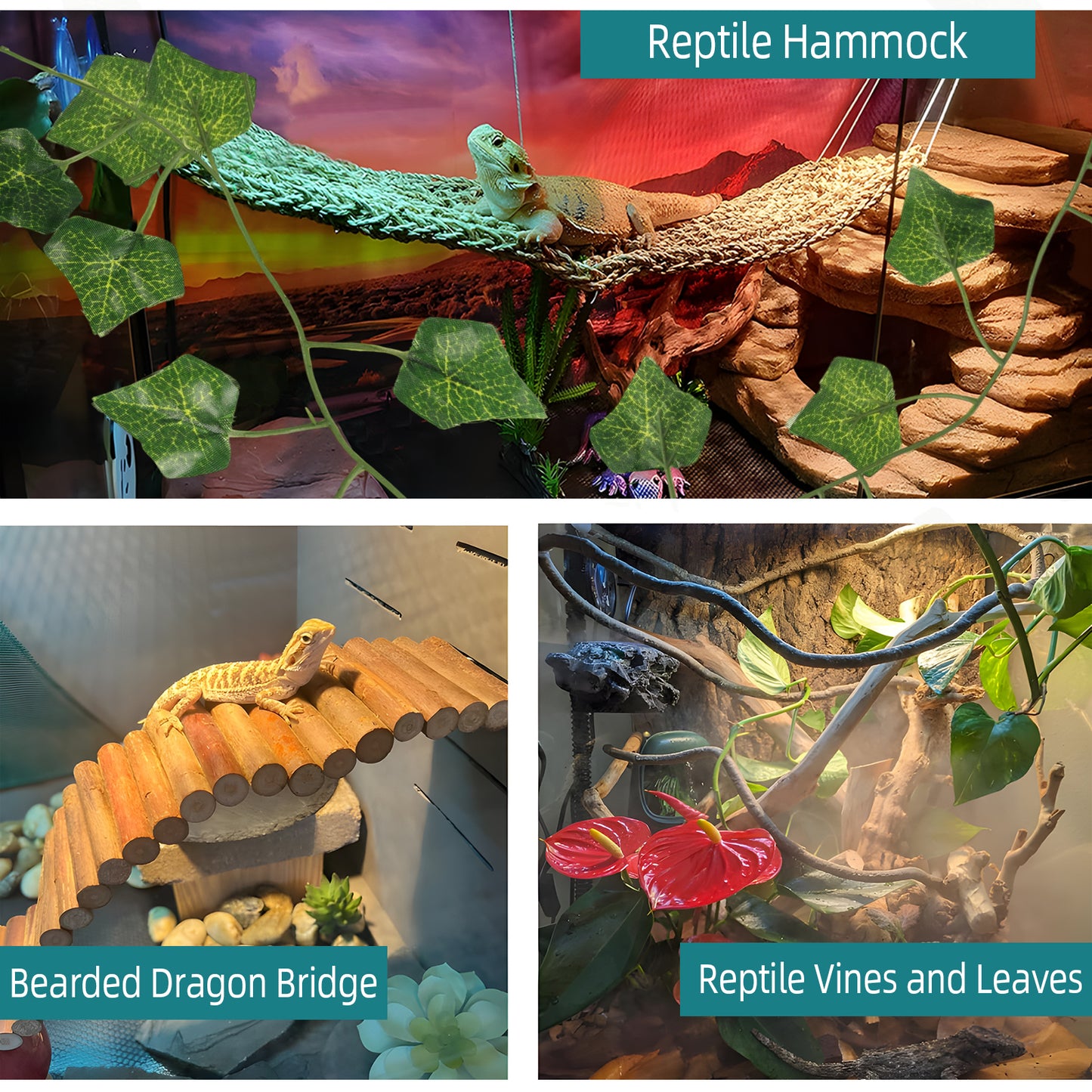 ZALALOVA Bearded Dragon Tank Accessories, Include Reptile Mat Hammock Plants Bridge Jungle Climber Vines Terrarium Decorations for Bearded Dragon Lizard Snake (10 PCS with Reptile Mat)