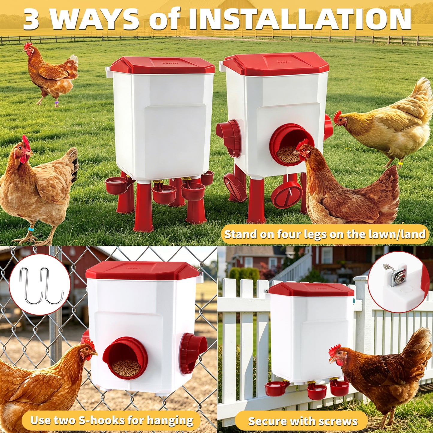 ZALALOVA Chicken Feeder and Waterer Set with Legs,3 Gallon Automatic Chicken Feeder,26.4 Pounds Waterer No Waste Poultry,Chicken Coop Accessories for Hens Ducks Poultry