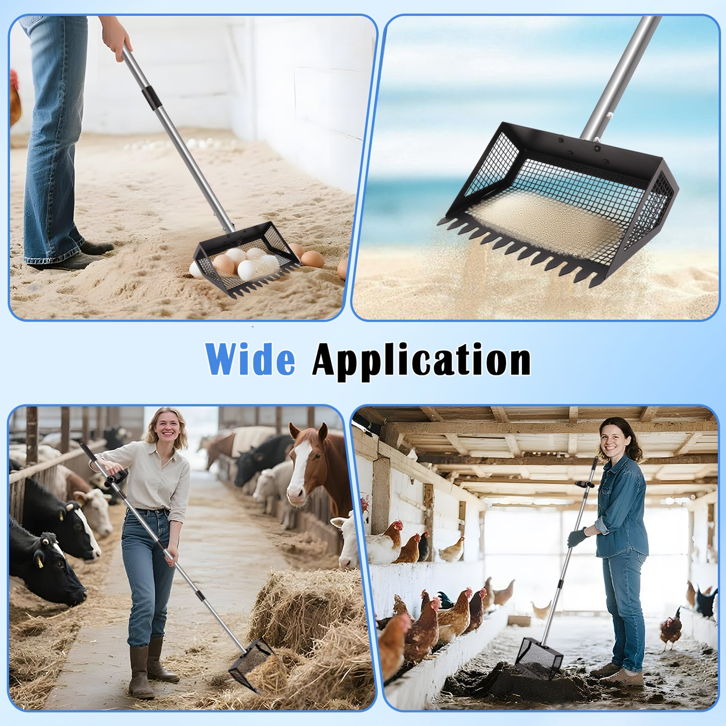 ZALALOVA Chicken Poop Scooper, 2-in-1 Metal Chicken Coop Accessori with 39" to 63" Adjustable Stainless Steel Handle,Cleaning Tools for Chicken Coops & Farm Animals Scoop
