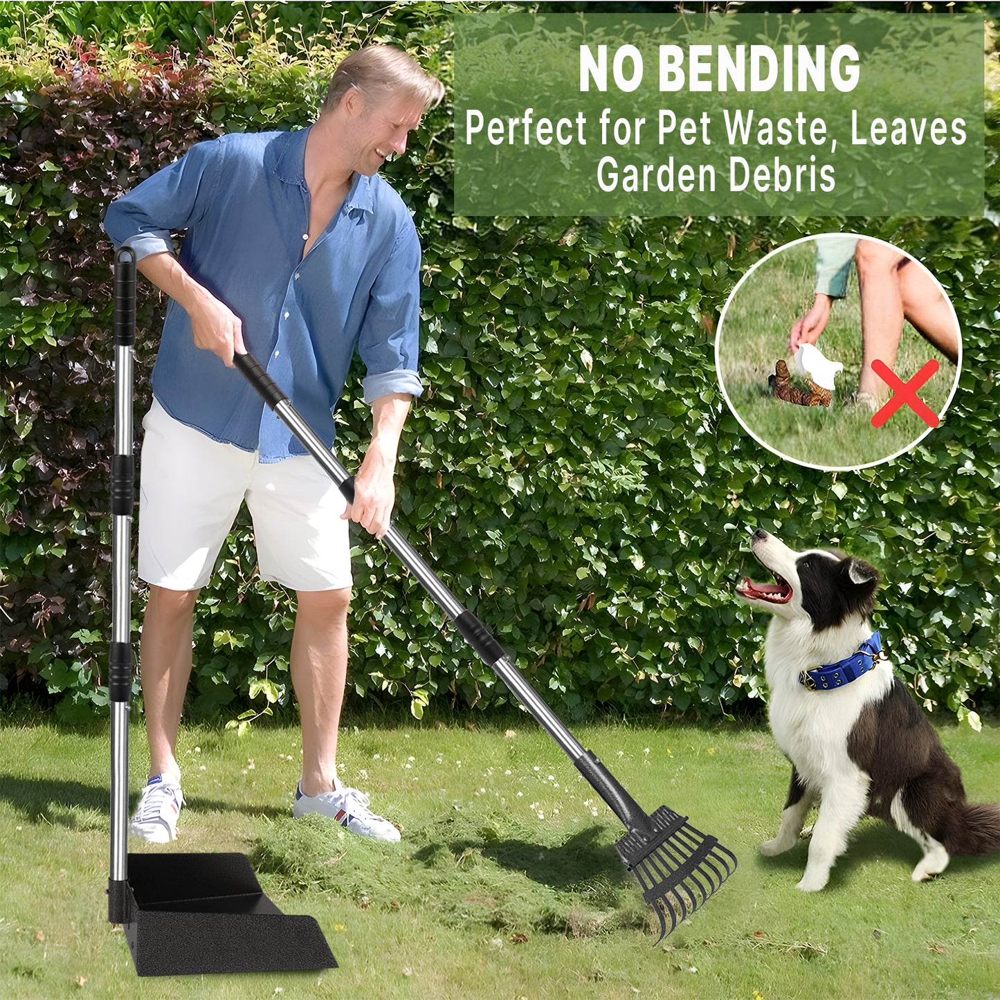 Larger Pooper Scooper for Large Dogs, Dog Pooper Scooper for Large Medium Small Dogs Long Handle Stainless Metal Tray and Rake Set Heavy Duty