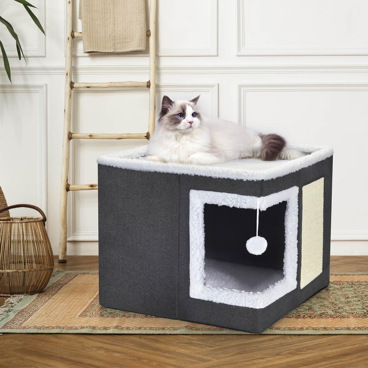 ZALALOVA Cat House for Indoor Cats Cube Bed, Covered Cat Cave Beds & Furniture with Scratch Pad and Hideaway Tent, Cute Modern Cat Condo for Multi Small Pet Large Kitten Kitty
