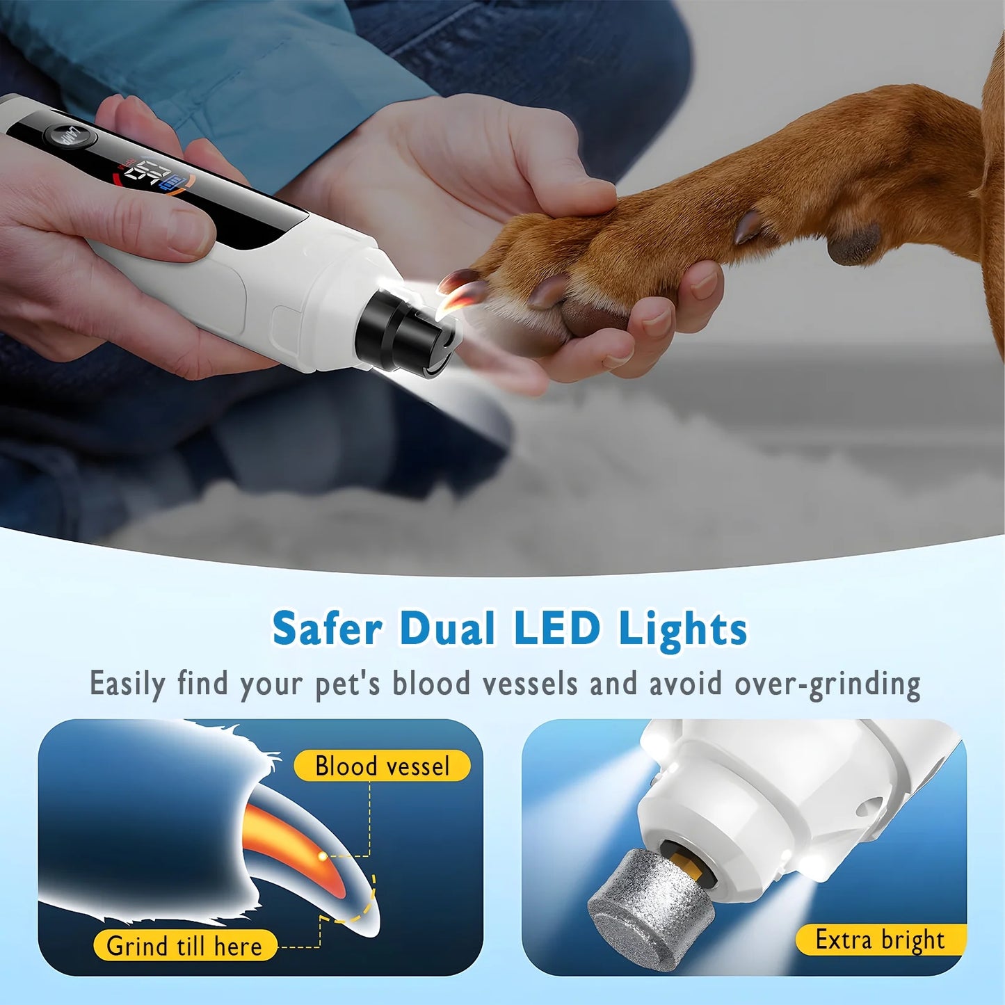 ZALALOVA Dog Nail Grinder, 6-Speed Quiet Electric Dog Nail Trimmers, Dog Nail Clippers with File for Small Medium Large Dogs, Cats, Rechargeable Pet Paw Grooming Supplies Kit, 2 Grinding Wheels (White）