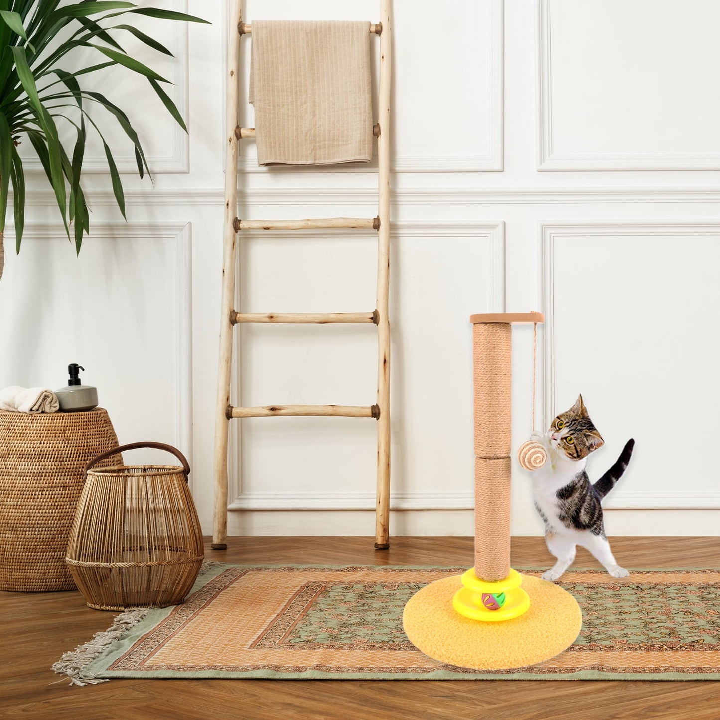 ZALALOVA Cat Scratching Post Interactive Toy with Dangling Ball, 19.3" Tall Sisal Cat Scratcher Post for Indoor Cats, Bell Ball Toy with Track and Stable Widen Base for Kittens