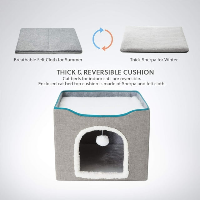 ZALALOVA Cat House for Indoor Cats, Foldable Cat Cube, Enclosed Cat Bed with Scratching Board and Dangling Toy Ball,16.5x16.5x14.5 inches(Gray)