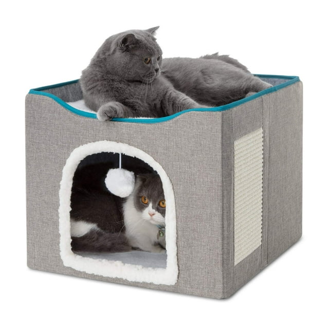 ZALALOVA Cat House for Indoor Cats, Foldable Cat Cube, Enclosed Cat Bed with Scratching Board and Dangling Toy Ball,16.5x16.5x14.5 inches(Gray)