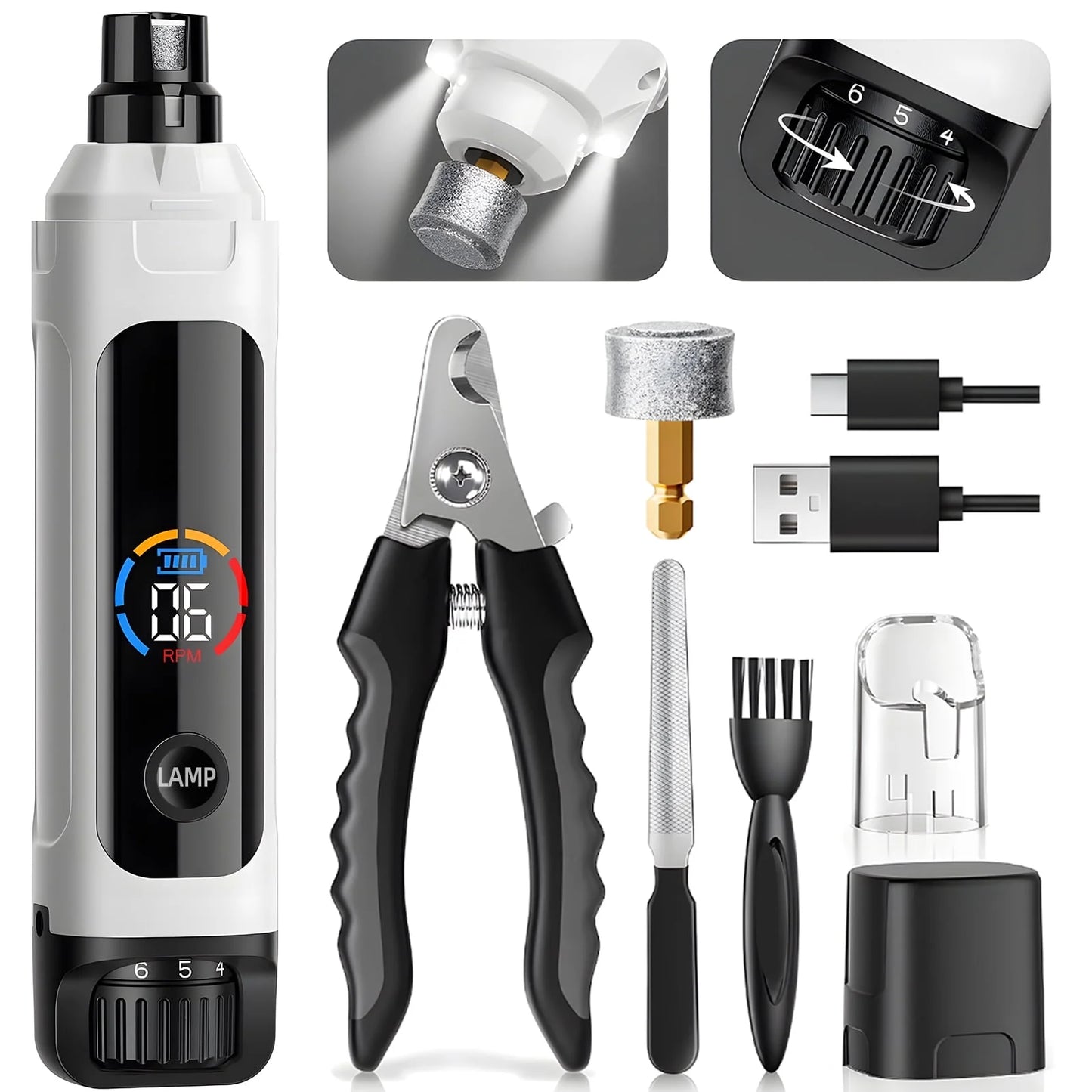 ZALALOVA Dog Nail Grinder, 6-Speed Quiet Electric Dog Nail Trimmers, Dog Nail Clippers with File for Small Medium Large Dogs, Cats, Rechargeable Pet Paw Grooming Supplies Kit, 2 Grinding Wheels (White）