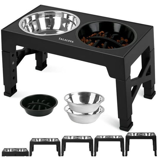 ZALALOVA Elevated Dog Bowls Stand with 2 Stainless Steel Dishes 1 Slow Feeder Dog Bowl, Raised Dog Bowl Adjusts to 5 Heights (3.15",8.9”，10",11.2”，12.4") for Medium and Large Dogs