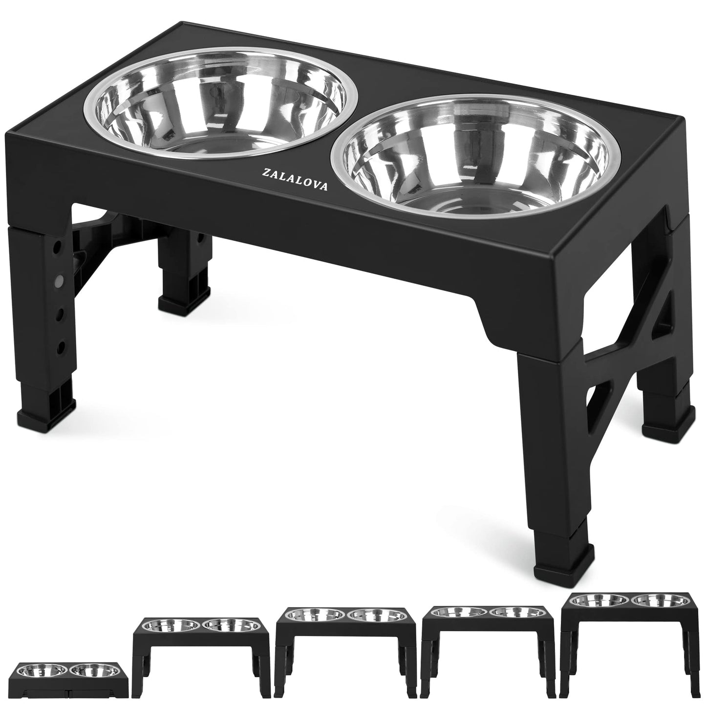 ZALALOVA Elevated Dog Bowls Stand with 2 Stainless Steel Dishes, Raised Dog Bowl Adjusts to 5 Heights (3.15", 8.9", 10",11.2", 12.4") for Medium and Large Dogs（Black）