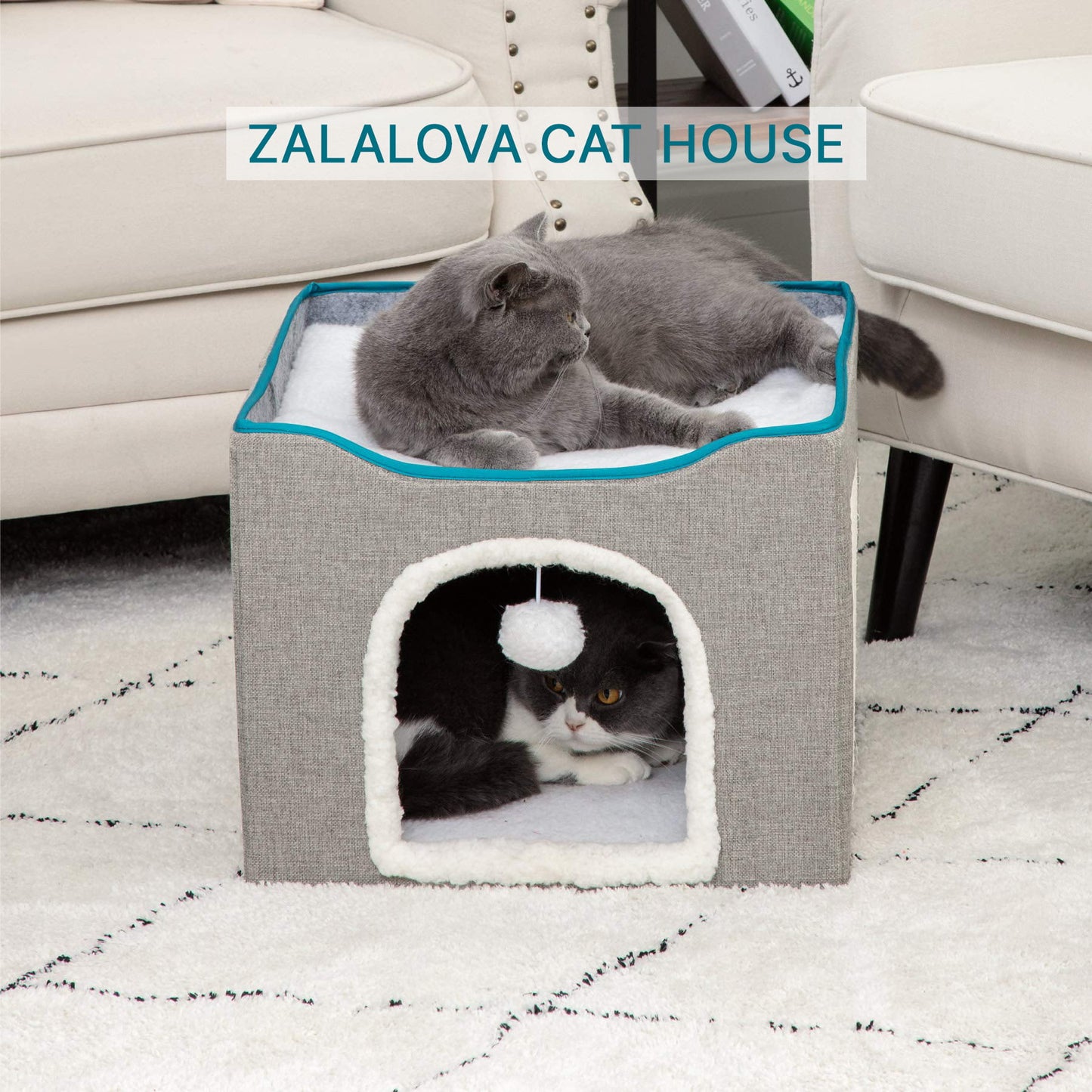 ZALALOVA Cat House for Indoor Cats, Foldable Cat Cube, Enclosed Cat Bed with Scratching Board and Dangling Toy Ball,16.5x16.5x14.5 inches(Gray)