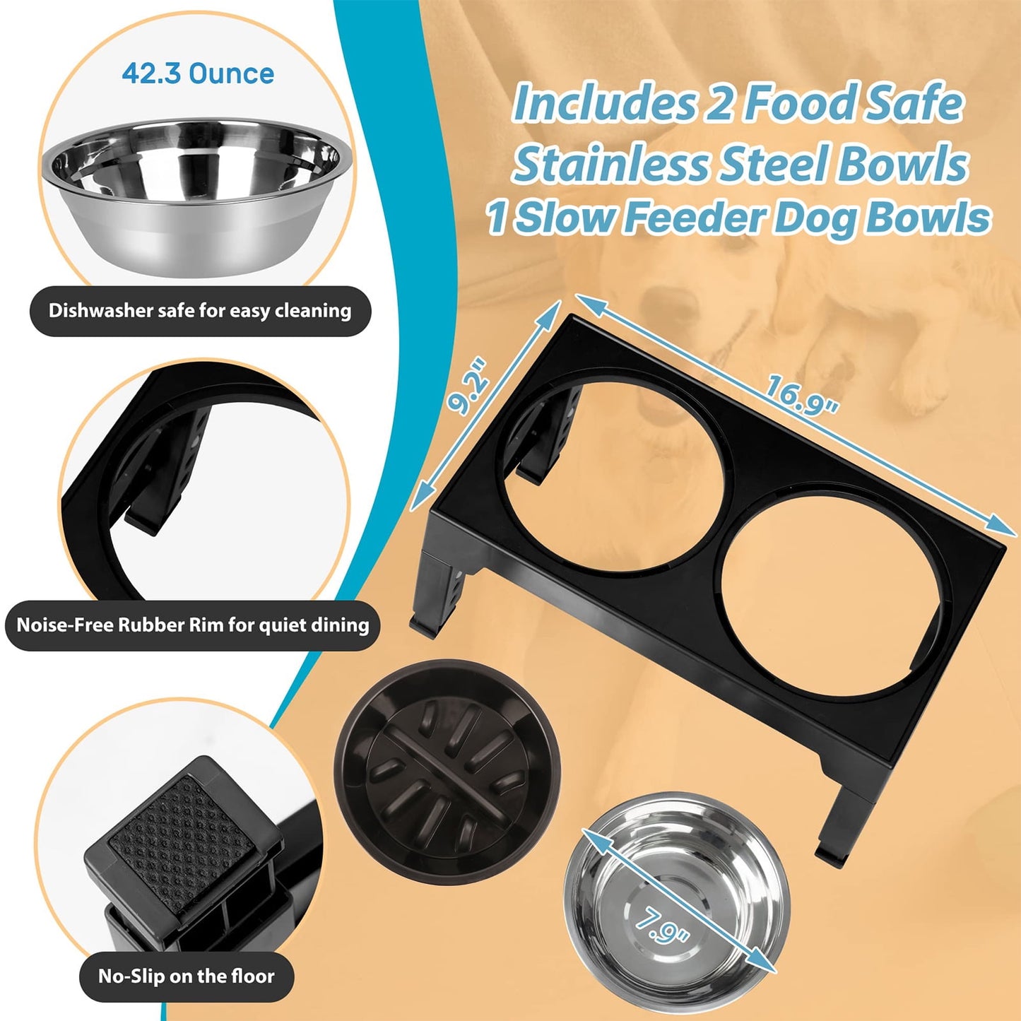 ZALALOVA Elevated Dog Bowls Stand with 2 Stainless Steel Dishes 1 Slow Feeder Dog Bowl, Raised Dog Bowl Adjusts to 5 Heights (3.15",8.9”，10",11.2”，12.4") for Medium and Large Dogs