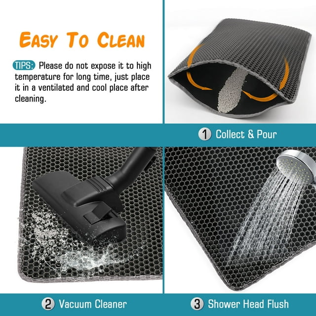 ZALALOVA Cat Litter Mat Kitty Litter Mat for Litter Box, 24 x 15 inch Honeycomb Easy to Clean, Soft on Paws, Non-Slip, Waterproof Cat Mat (Black)