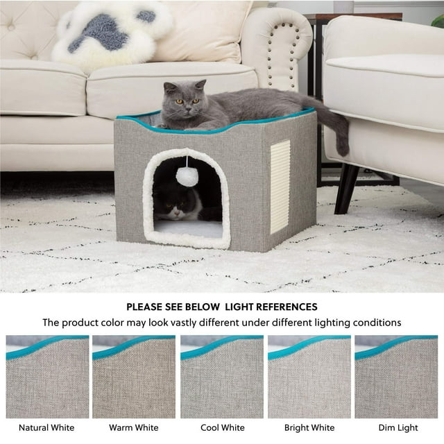 ZALALOVA Cat House for Indoor Cats, Foldable Cat Cube, Enclosed Cat Bed with Scratching Board and Dangling Toy Ball,16.5x16.5x14.5 inches(Gray)