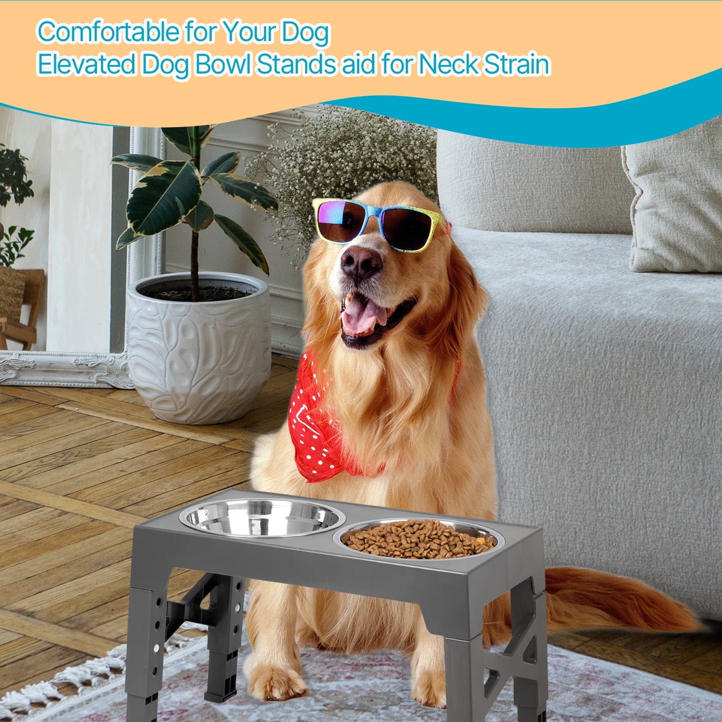 ZALALOVA Elevated Dog Bowls Stand with 2 Stainless Steel Dishes, Raised Dog Bowl Adjusts to 5 Heights (3.15", 8.9", 10",11.2", 12.4") for Medium and Large Dogs（Gray）